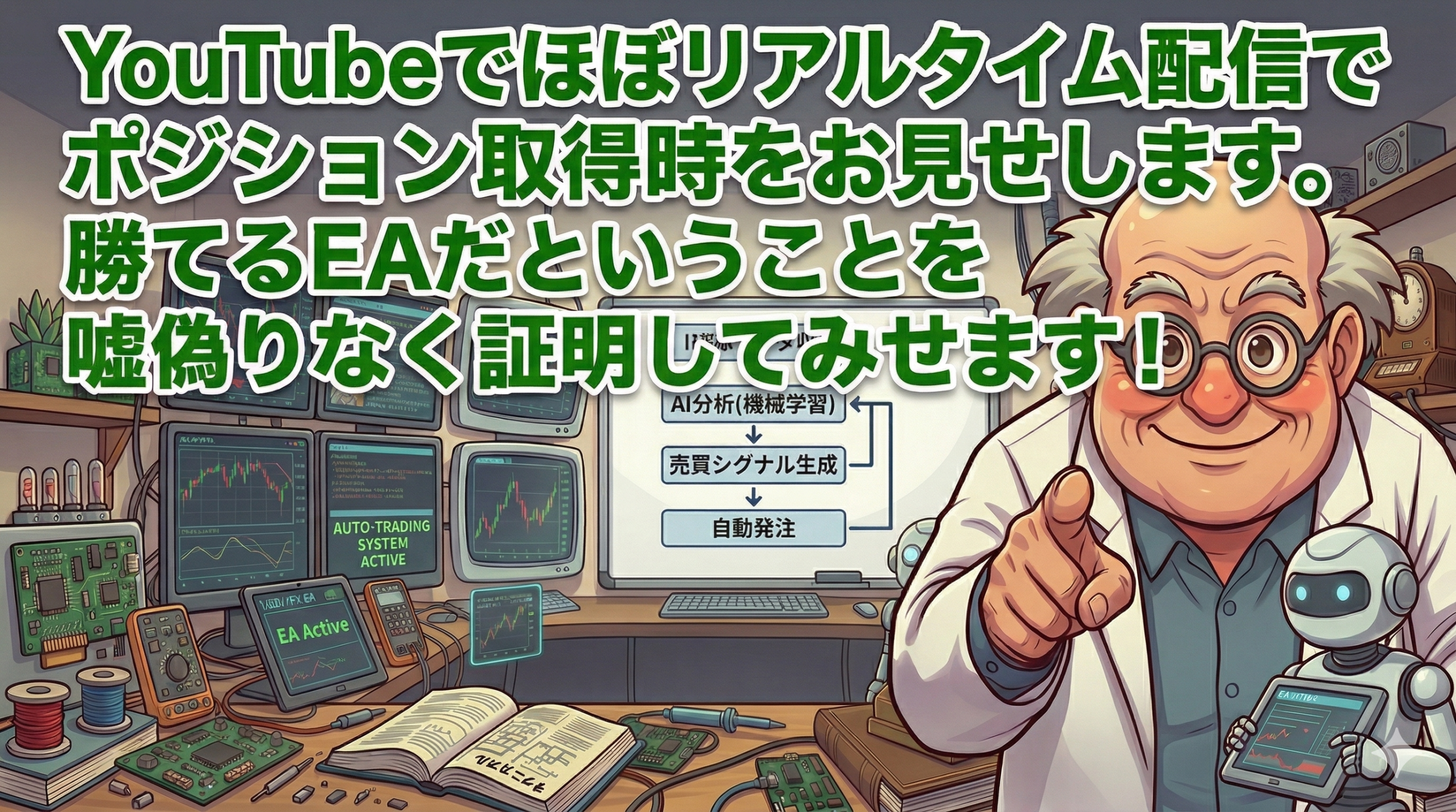 YouTubeでほぼリアルタイム配信でポジション取得時をお見せします。勝てるEAだということを嘘偽りなく証明してみせます！